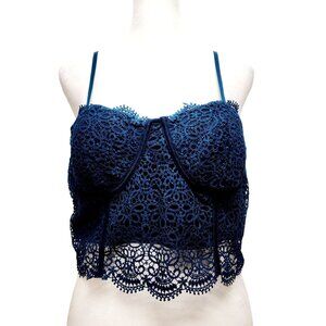 Iris Navy Blue Crochet Lace Crop Top  Adjustable Straps Scalloped Hem Size L